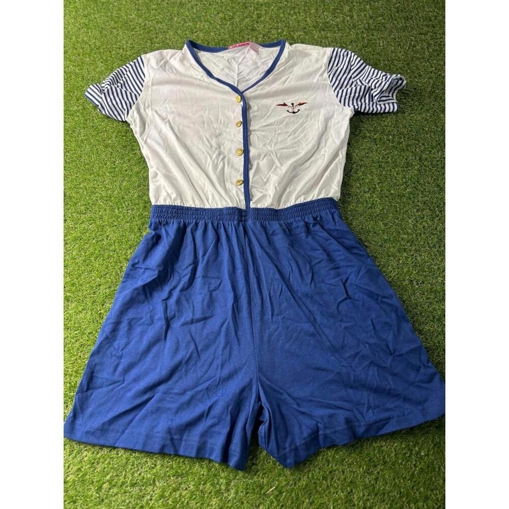 PennyLane Vintage Romper Button Nautical Coastal Cruise Resort Blue white S/M