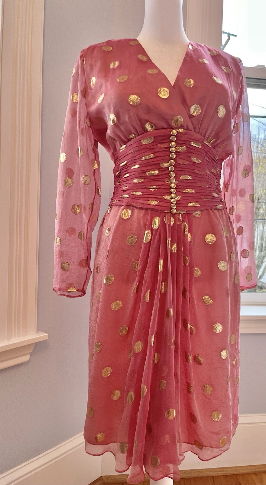 80’s Iconic dynasty Couture Pink Silk Gold Foil Dot Dress 6 Vintage Goddess S