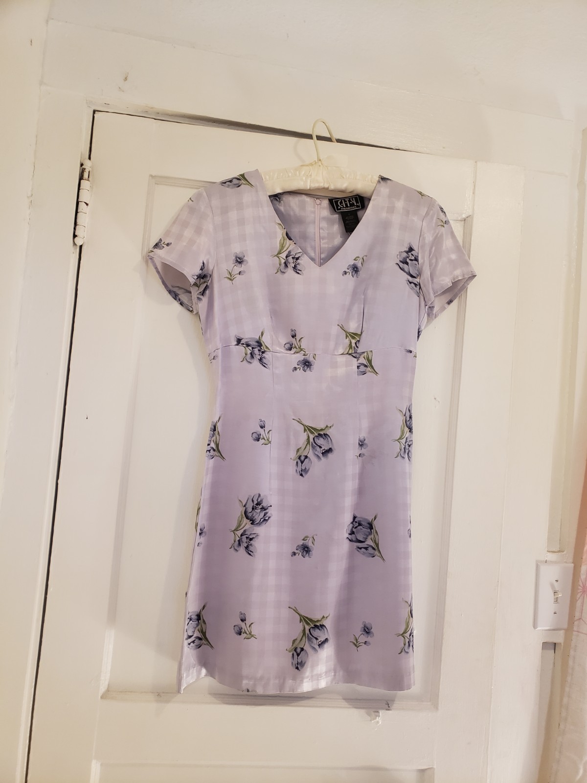 Vtg 90s Y2k City Triangles Sz 5 M Satin Floral Spring Dress Lavendar