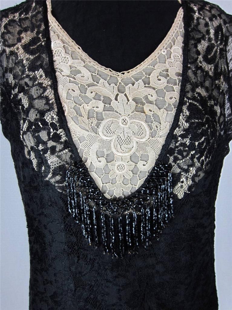 Flapper Dress, Gown Exquisite Beaded Black Lace True VTG 1920s – 30s Paris
