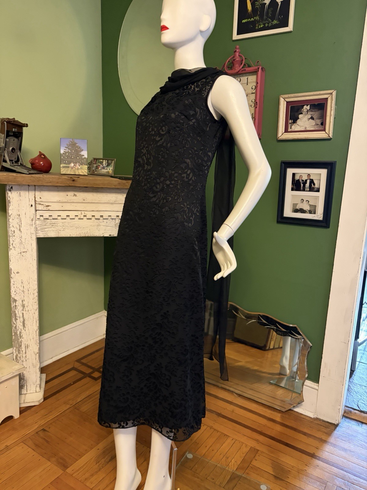 Vtg 90s McClintock Blk Sheath Netting Whimsygoth Chiffon Cape Dress 38 M Hepburn