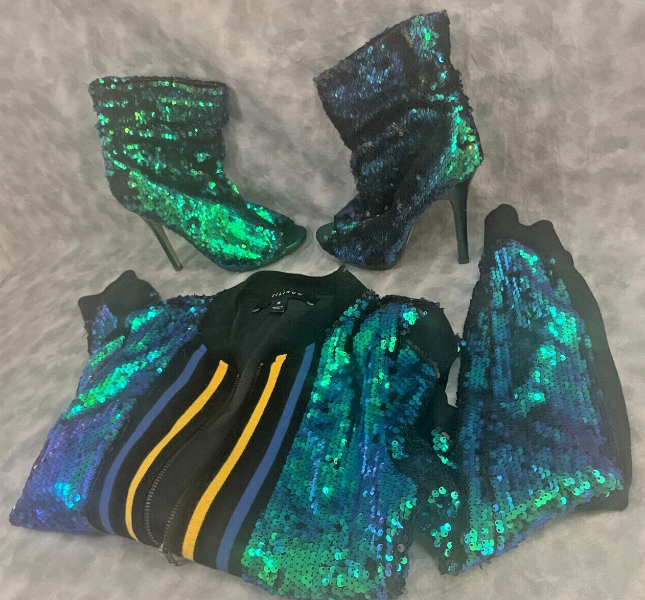 2010s Vtg Mermaid Sequin Bomber Jacket & Boots « RARE SET » Blue Green Glam ✨🔥