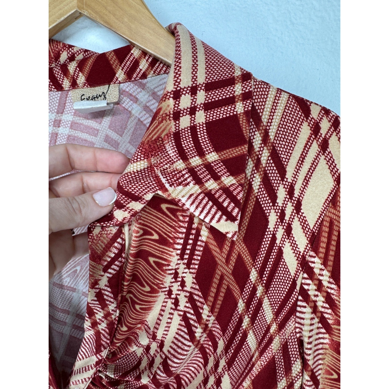 Vintage 90s Y2K Abstract Button Blouse Small Burgundy 70s Style Disco Stretch
