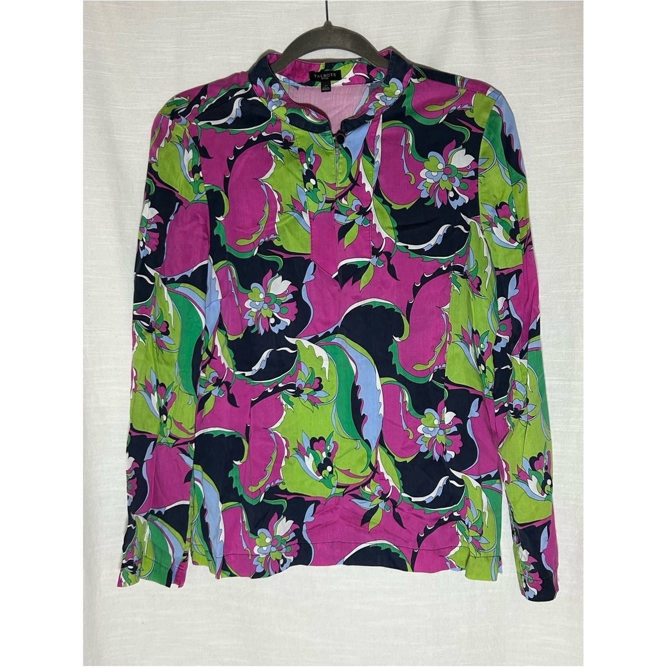 Talbots Retro Pucci Inspired Pink, Green & Navy Paisley-Print Long Sleeve Blouse