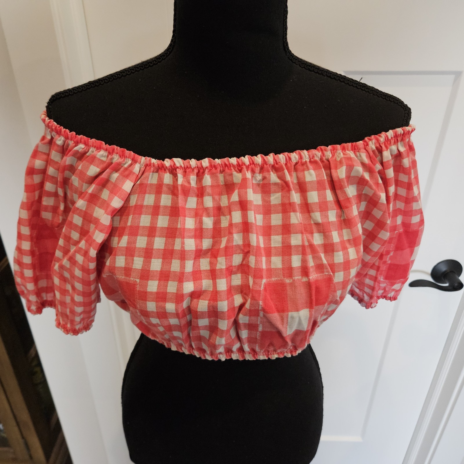 VTG 1970s Sears JR Bazaar Red/White Checker Gingham Off Shoulder Cotton Crop Top