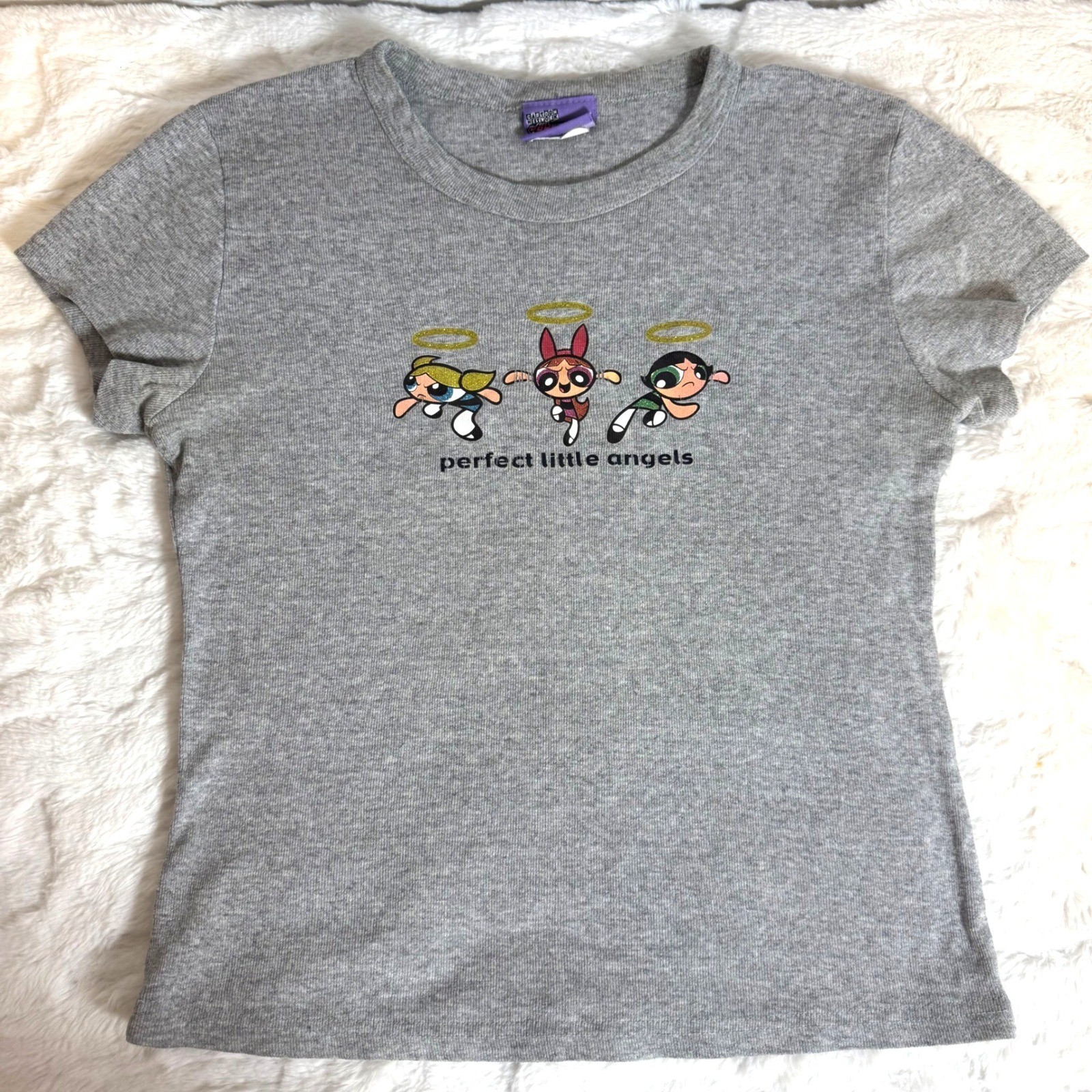 Vintage 2000 Powerpuff Girls Baby Tee Gray Ribbed Perfect Little Angels Small
