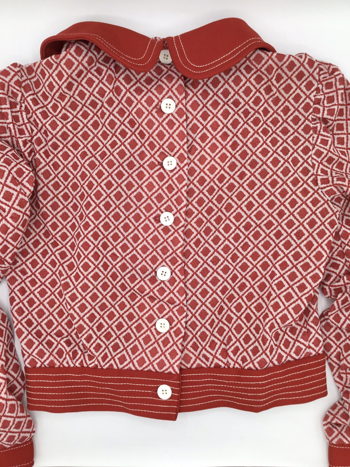 60’s-70’s💥Vicky Vaughn Crop 2pc Skirt Set Red White Geometric Mod, Sz. XS/SM