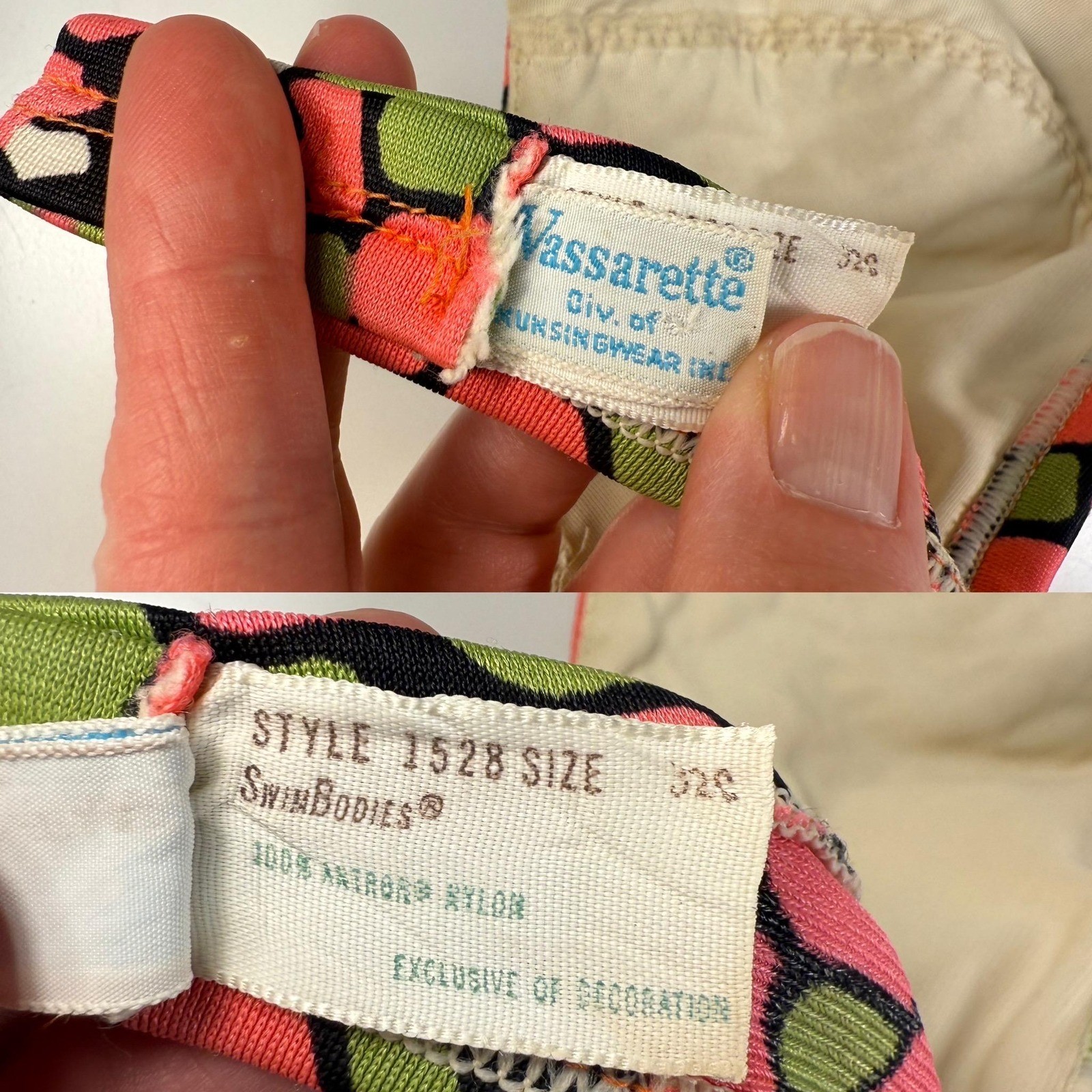 Vintage 1960s Vassarette Bikini Top Mod Print Nylon Bralette, Size 32A (XS)