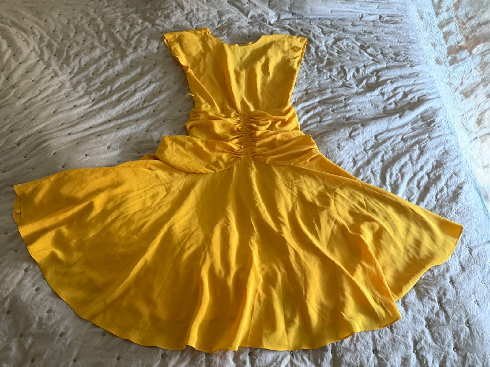 VTG 1980&rsquo;S RETRO JONI BLAIR YELLOW SHOULDER PADS RAYON MIDI DRESS 8 Medium