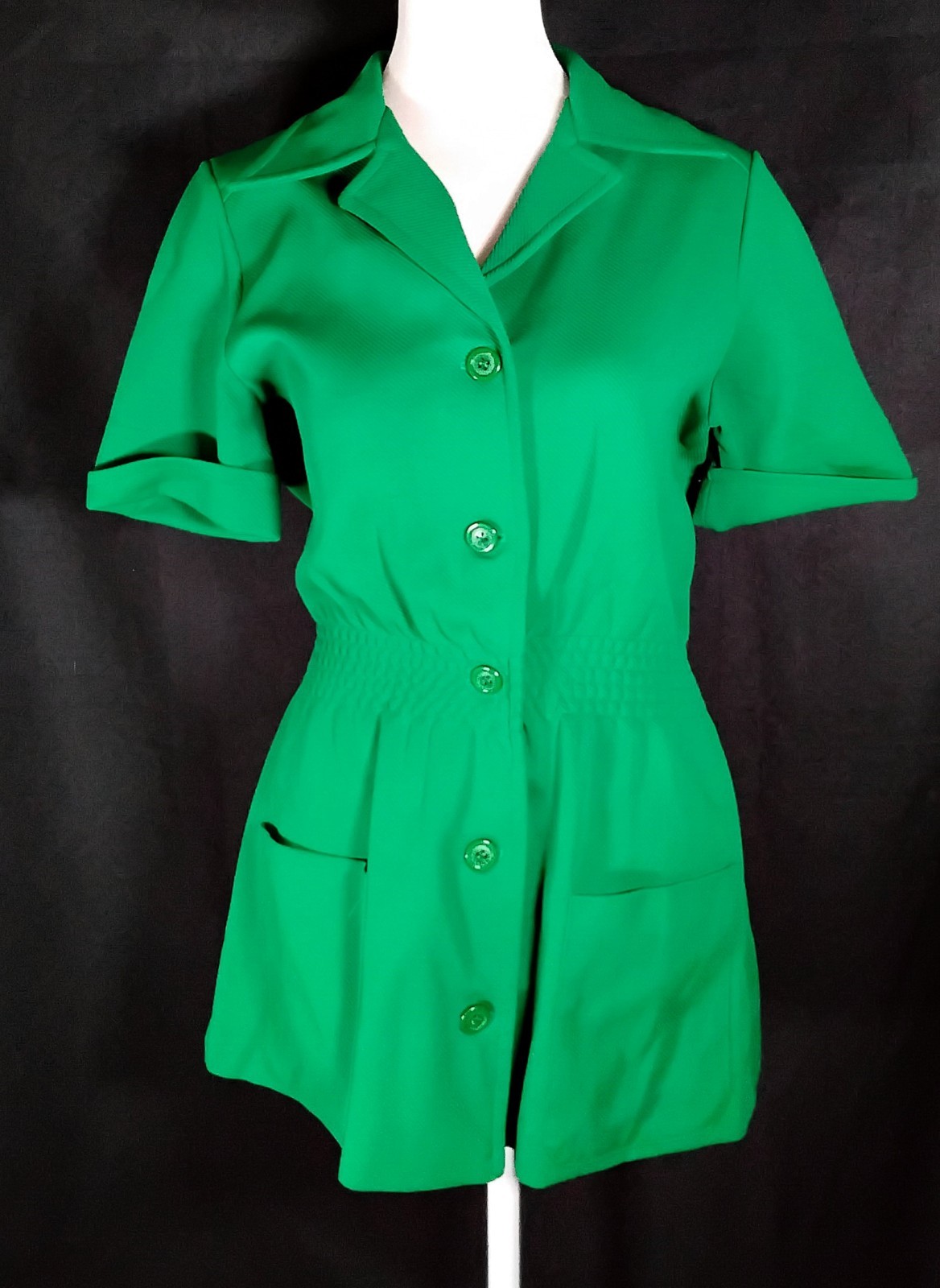 Vintage 70s Aileen Enerald Green Safari Jacket Short Sleeve Cinge Waist Sz 10