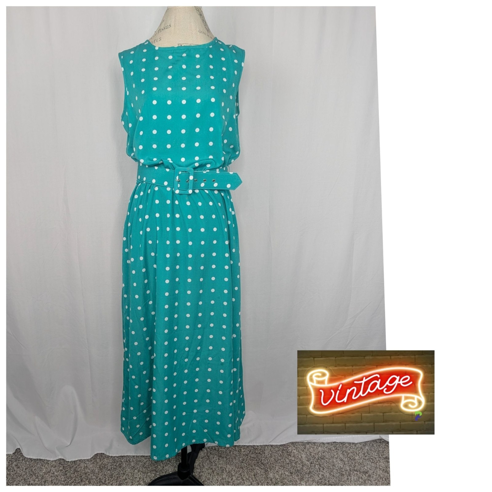 Vintage 80s Green Polka Dot Dress Medium Midi Blair