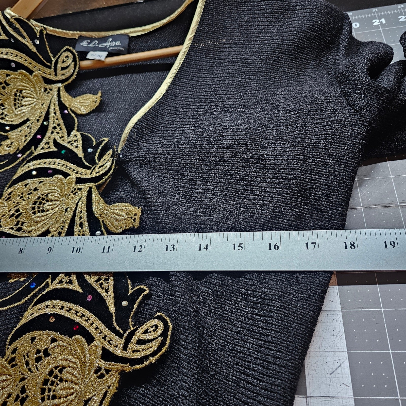 Vintage Floral Sweater Womens Med Black Gold Glam Rock Knit Embellished Evening
