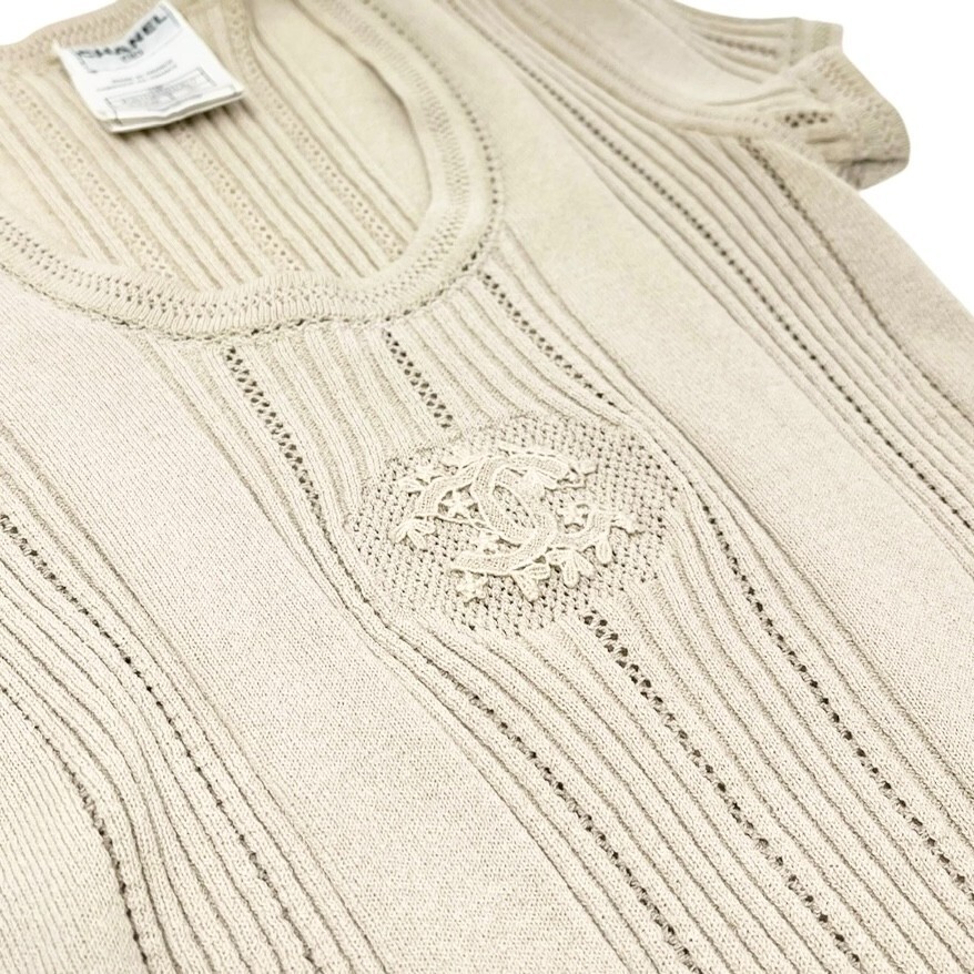 CHANEL Vintage 03P CC Mark Logo Knit T-shirt Top #36 Beige Cotton Polyester