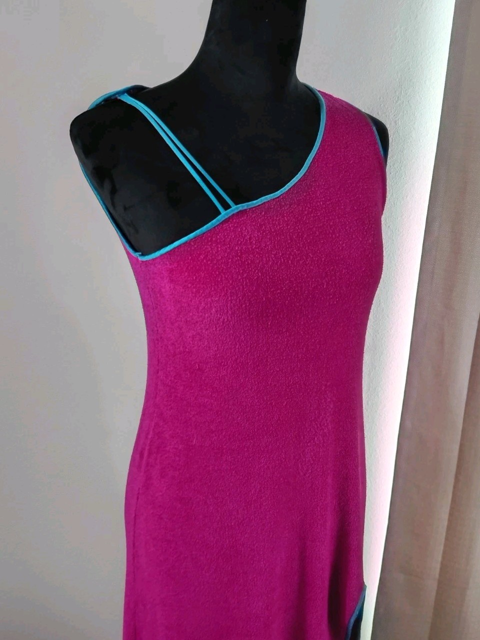 Vintage Dutchess Terry Cloth 60s Gown Hot Pink Sm Teal TrimMaxi Stretch Bodycon
