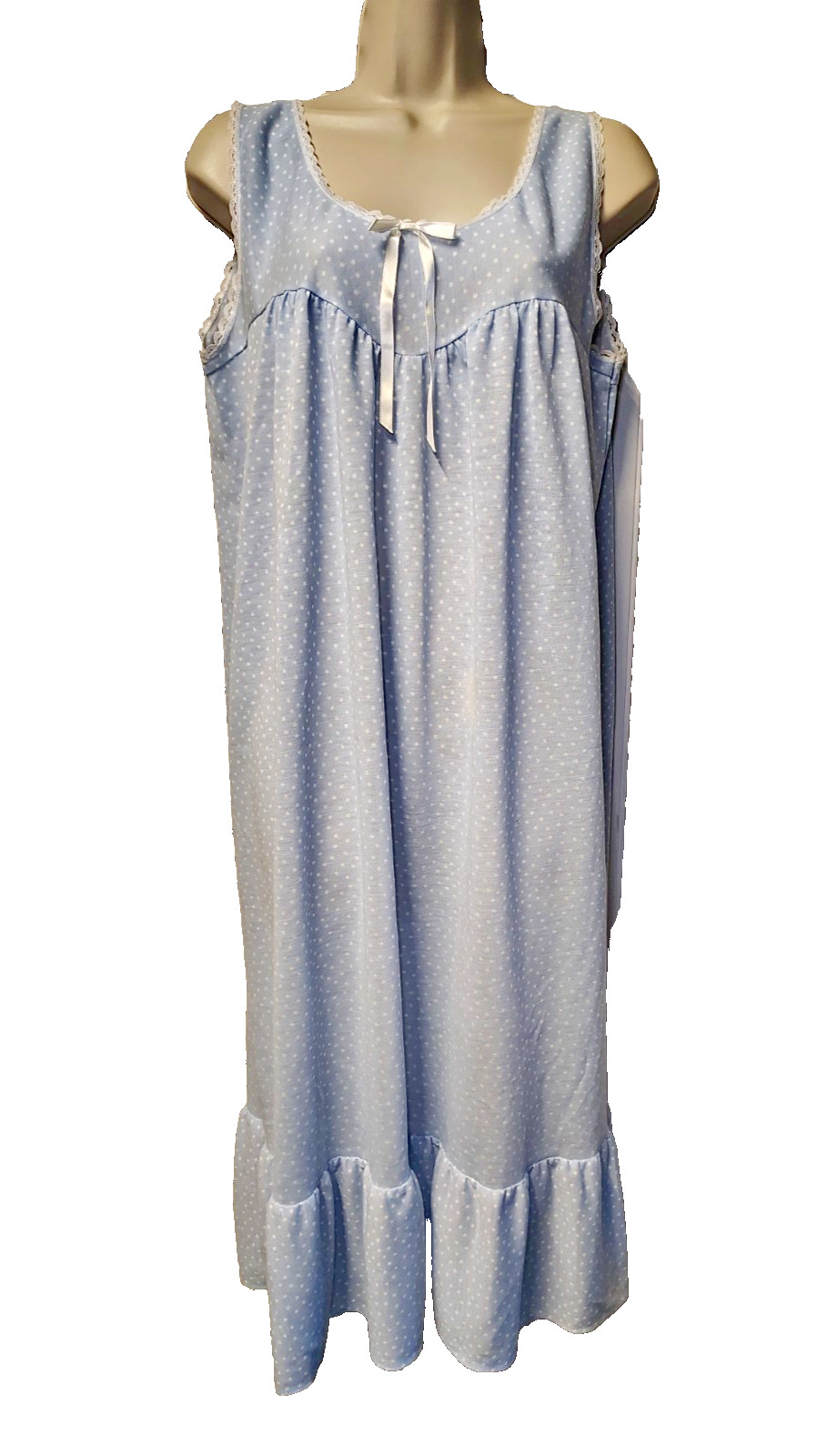 Vintage Nice N Easy Nightgown Women&rsquo;s L NWT Blue White Polka Dot Lace Trim USA