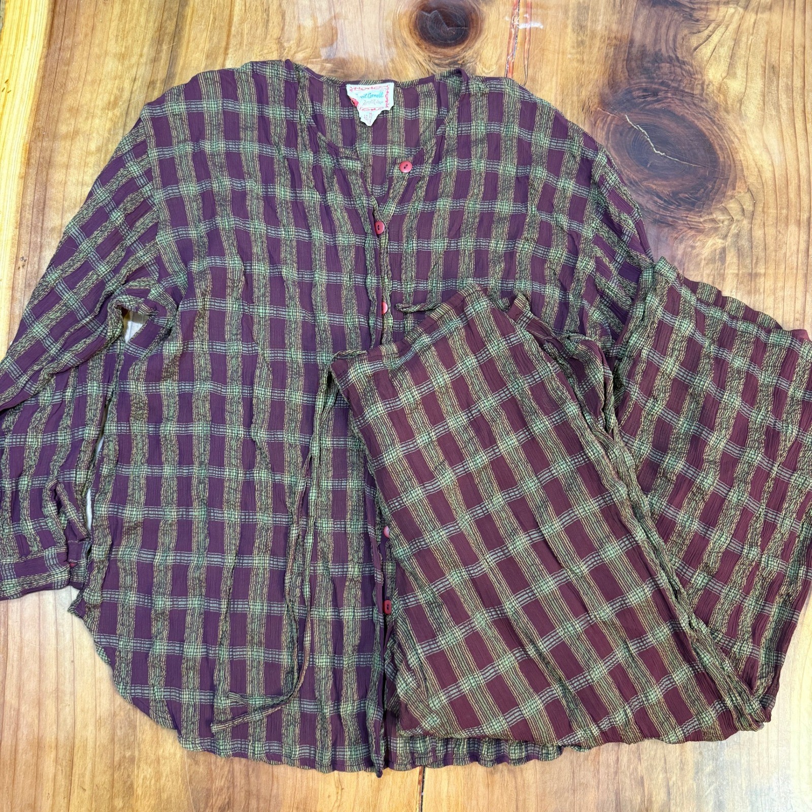 Vintage 90s April Cornell Wide leg pants Shirt Set Medium Rayon Plaid Button C28