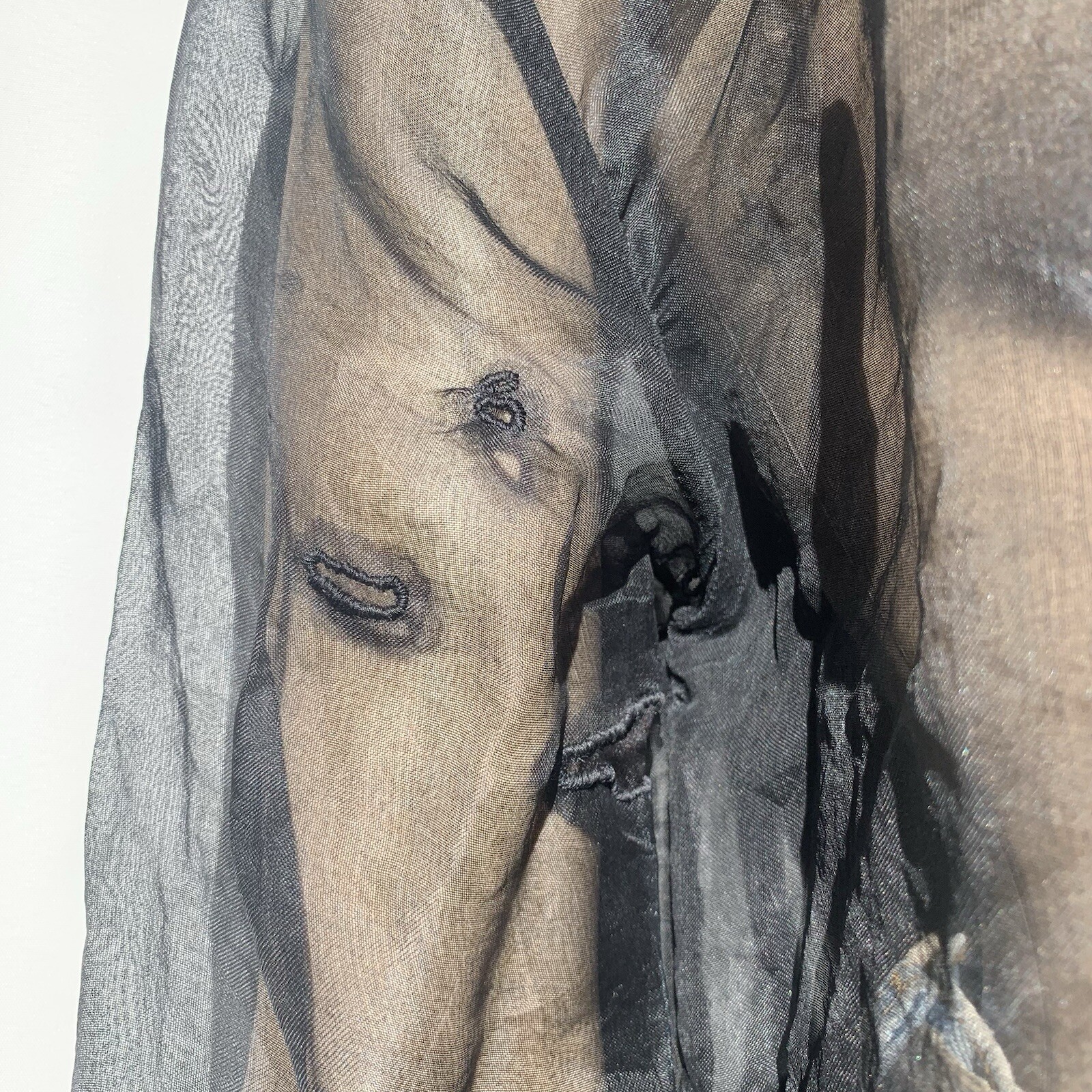 Repaired Vintage Designer Elan Vitale Avant Garde Sheer Black Rayon Duster Coat