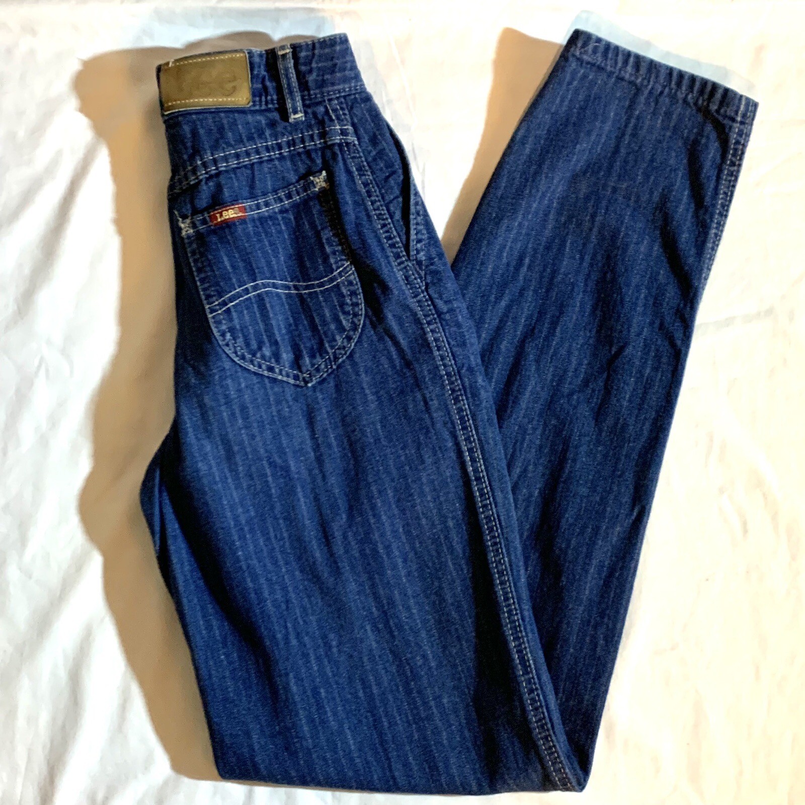 80s Lee Pinstriped Blue Jeans 8 High Waist Pleated Front Tapered Leg Vintage USA