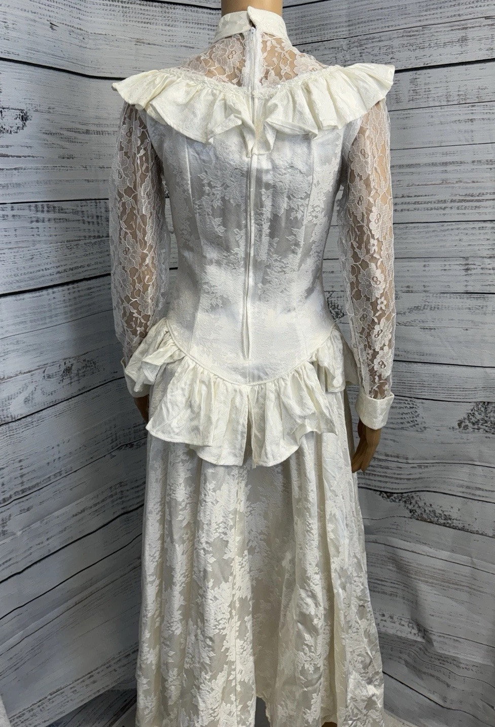 VTG 80s Roper Rustic Ivory Lace Jacquard Prairie Victorian Dress Womens 5/6 USA