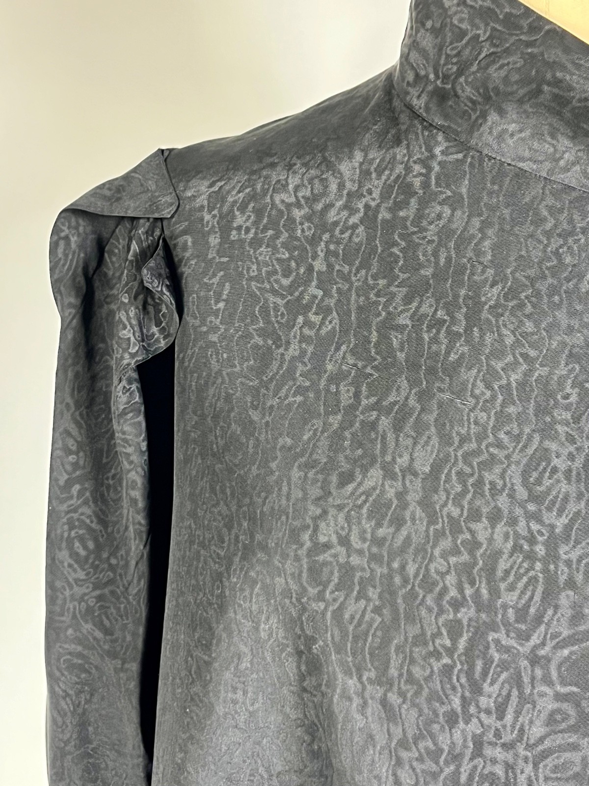 Vintage 1930&rsquo;s black double-faced MOIRE SILK opera coat w/unique shoulder design