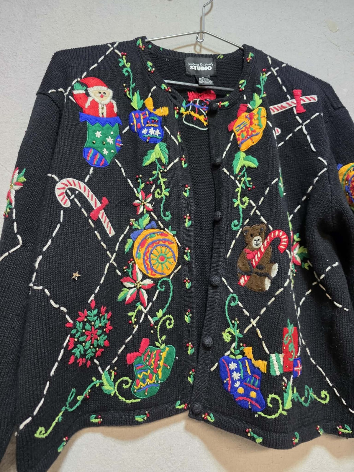 Vtg 90s Designer Original Studio Christmas Kitschy Ugly Sweater Cardigan Size XL