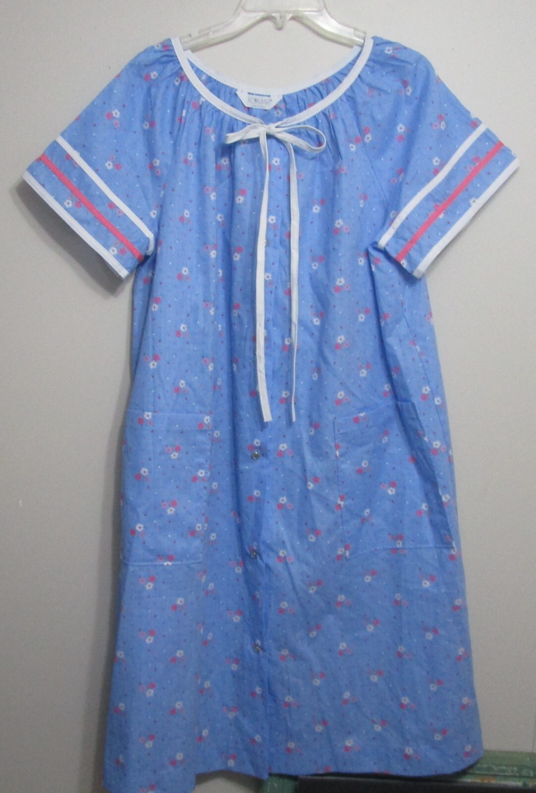 Vintage Komar House Dress Snap Front Pockets Blue Print USA M-L NWOT