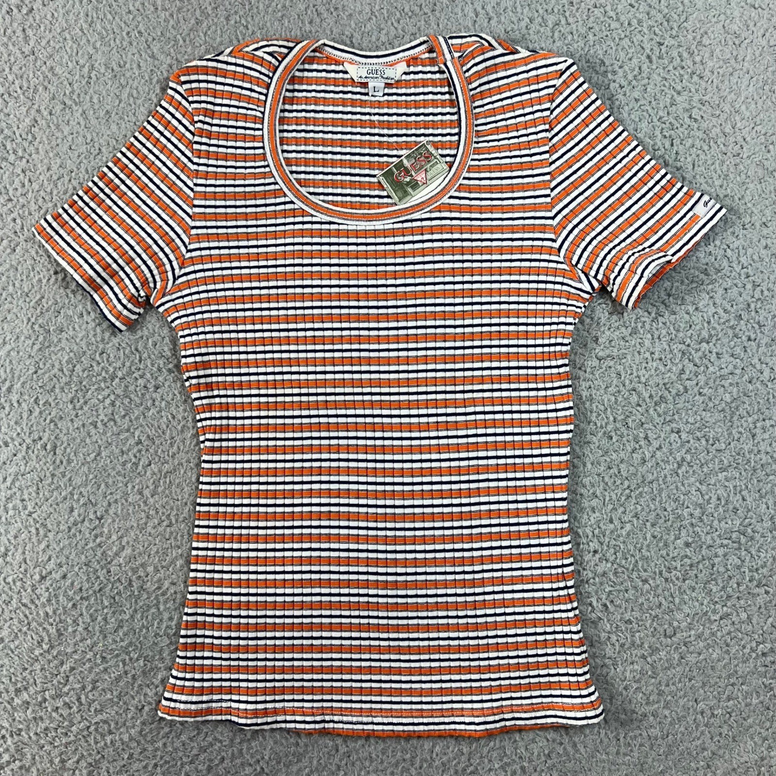 Guess Jeans T-Shirt Juniors L Orange Navy Striped Ribbed Scoop Neck USA VTG NWT