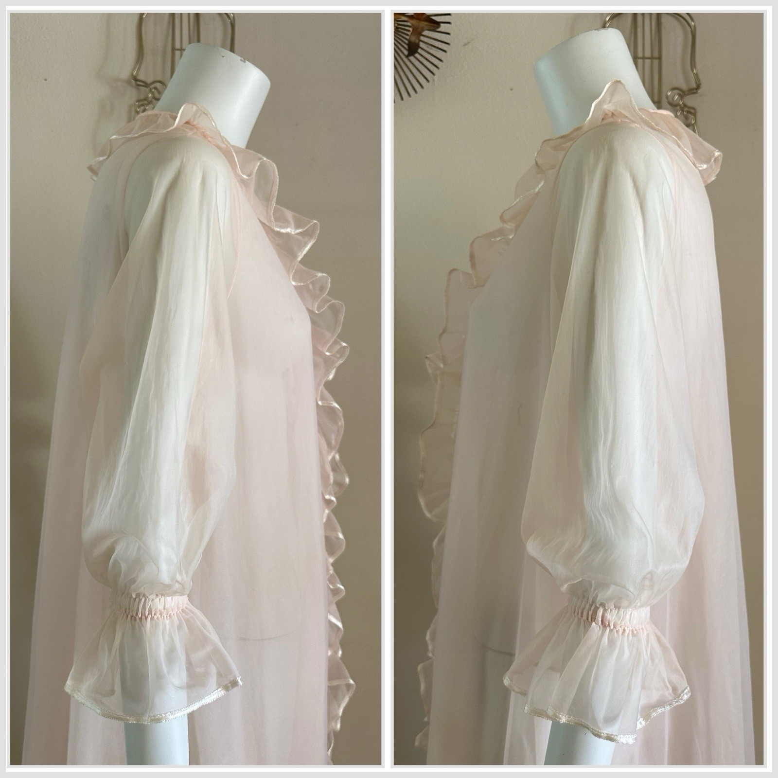 1960s Miss Elaine Pink Sheer Nylon Peignoir Robe Ruffle Front Double Layer VTG