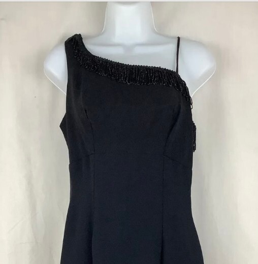 Vintage Roaring 20s Black Mini Pencil Dress Fits Like Sz 6 One Shoulder Chiffon