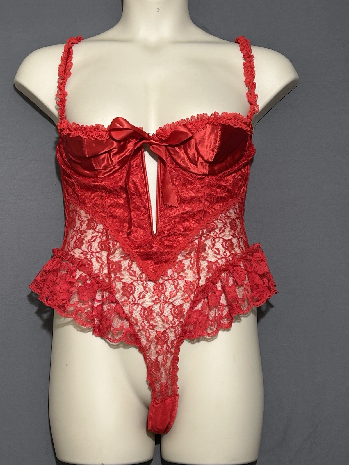 Frederick’s Of Hollywood Vintage Lingerie Bodysuit Sz Large Red Satin And Lace