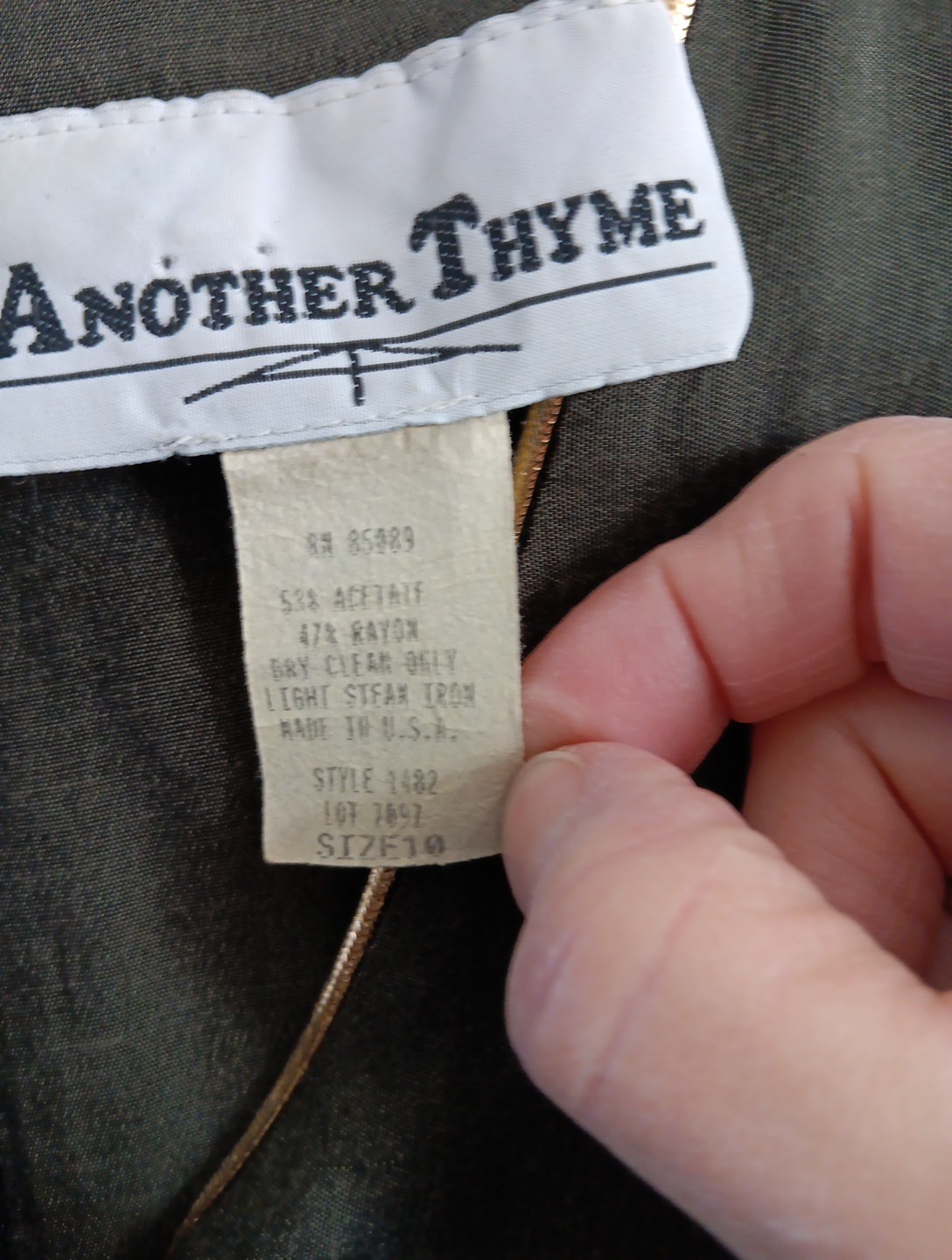 Vintage Another Thyme olive green and gold dress with 3/4 sleeve Size 10