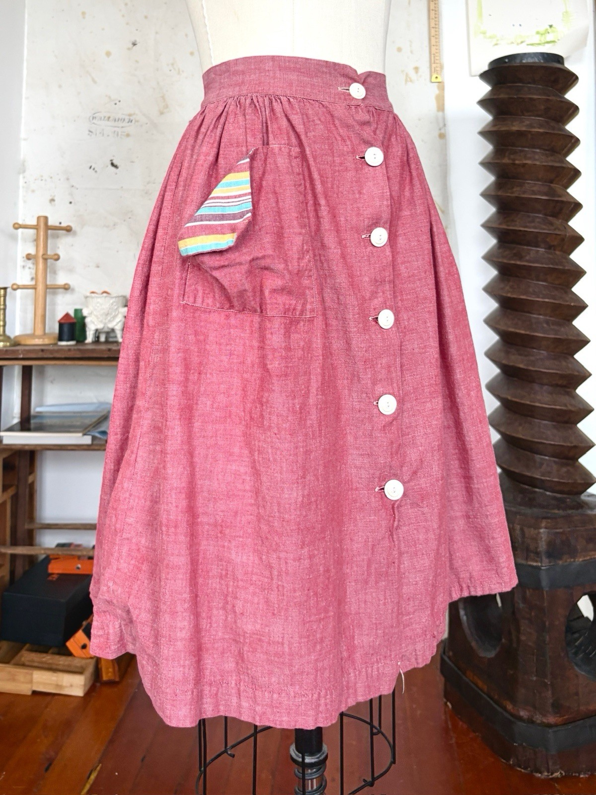 30s 40s Chambray Rayon Cotton Button Front Skirt Feedsack Pocket Workwear 24/25”