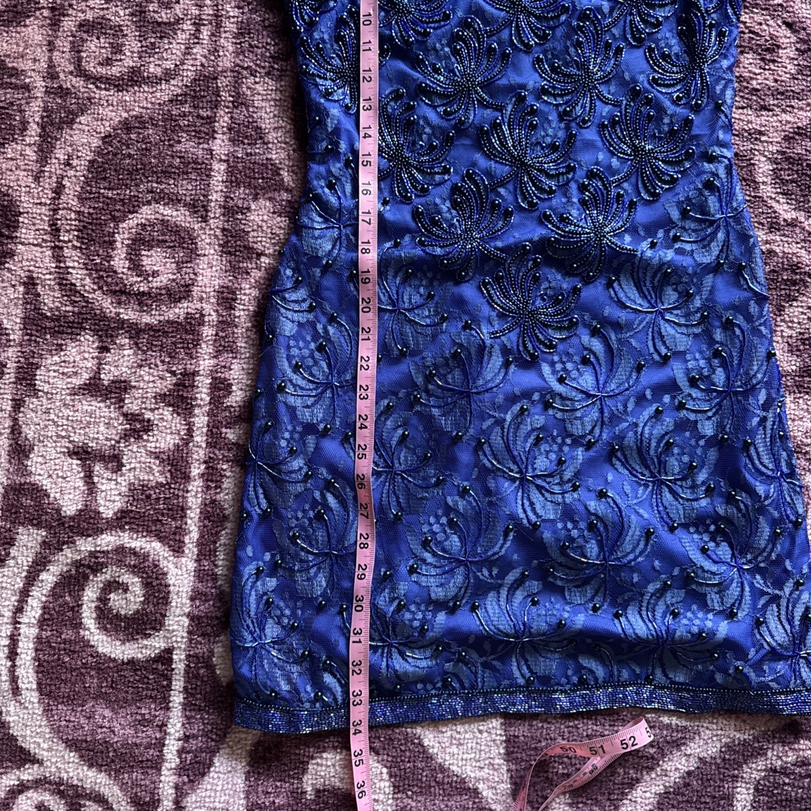 Vintage Fully Beaded Royal Blue Lace Party Dress (Size M-L) Special Occasion