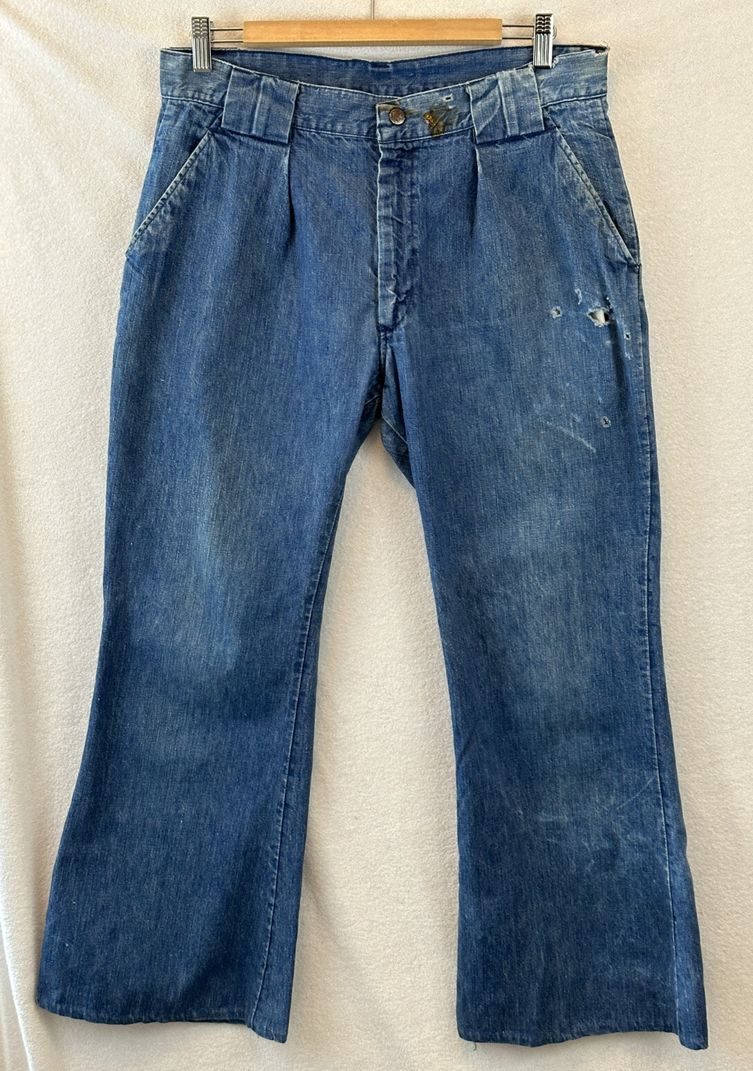 Vintage 70s Womens Thrashed Denim Flare Jeans Trouser Talon Pleated 32 x 28