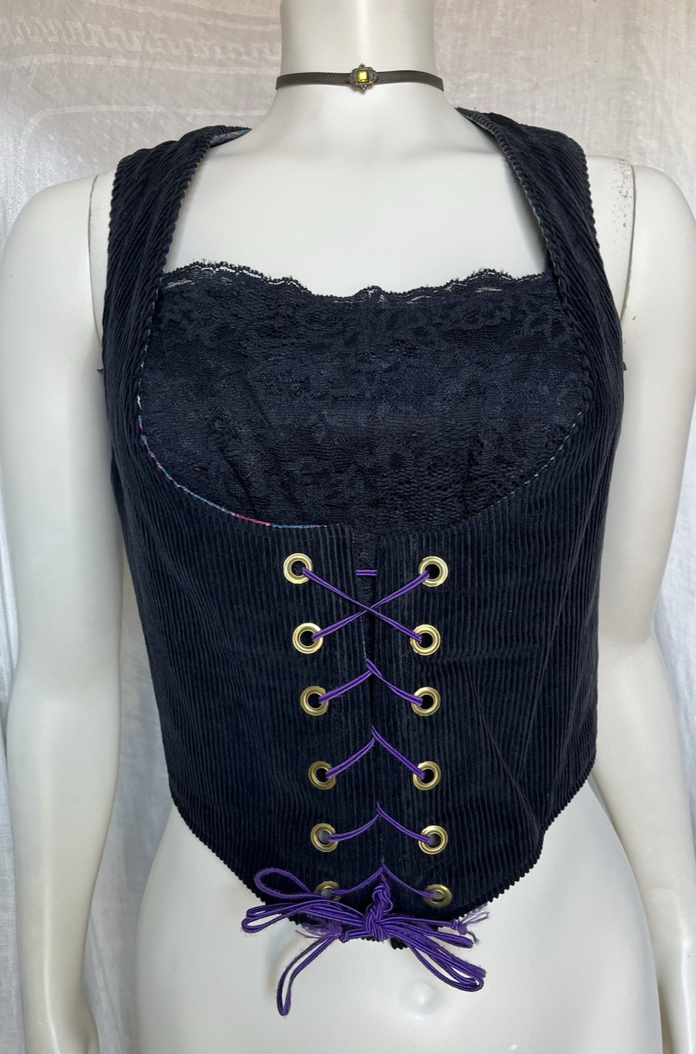 Vintage 70s Corset Vest Underbust Waistcoat Handmade Reversible Goth Festival S