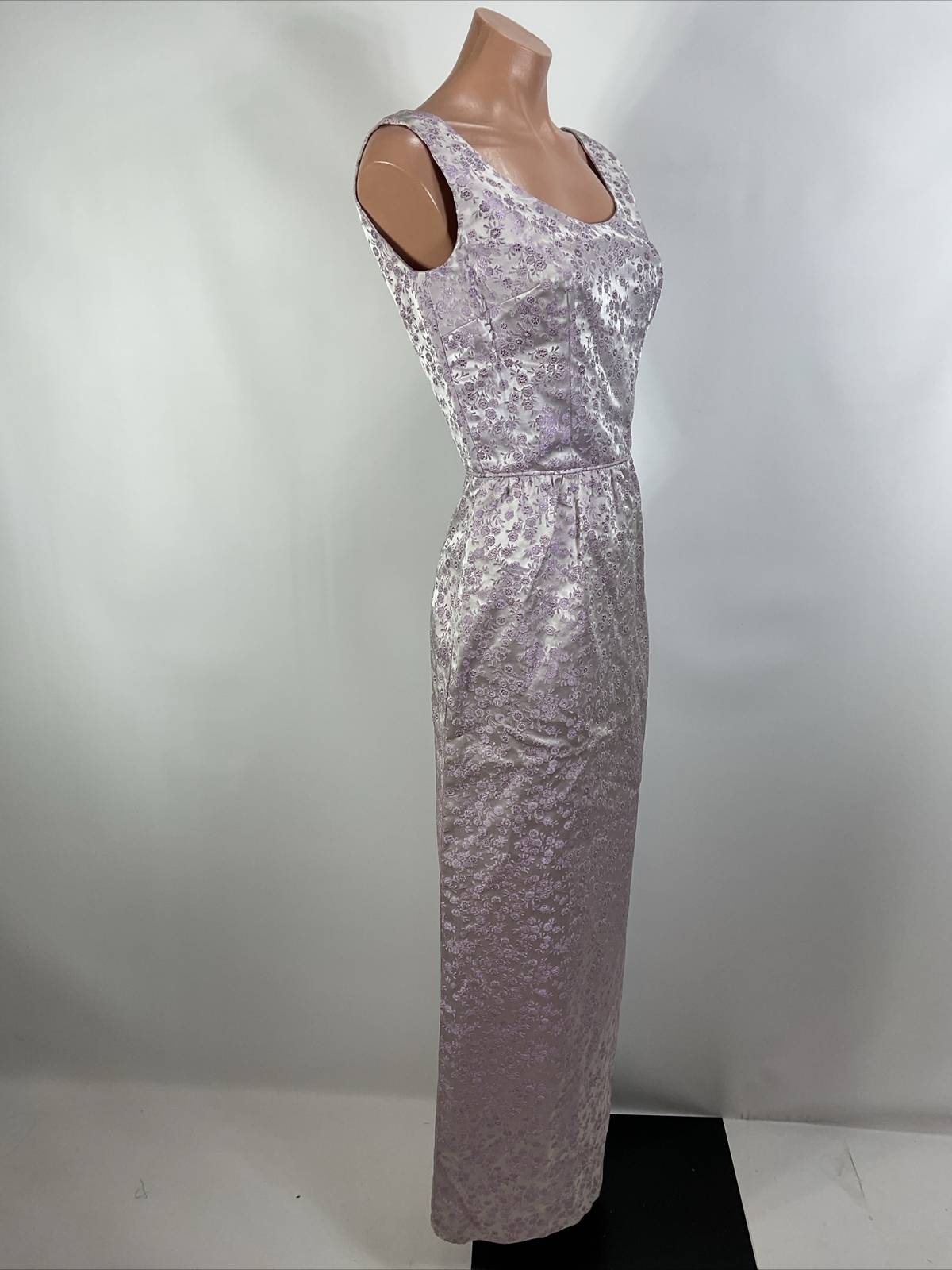 Vintage 40s Purple Jacquard Floral Metallic Formal Cocktail Dress Slit S/M