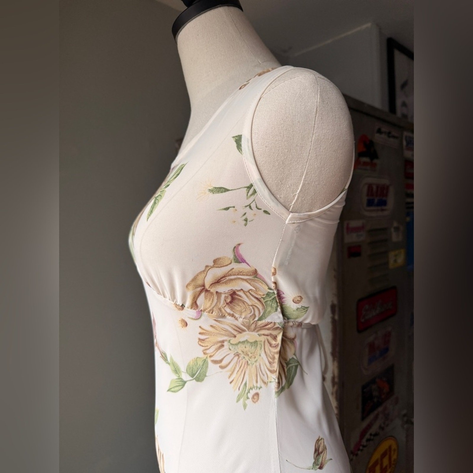 Vintage 90s Floral Slip Maxi Dress | Bias Cut Cream Rose Print Cottagecore | XS