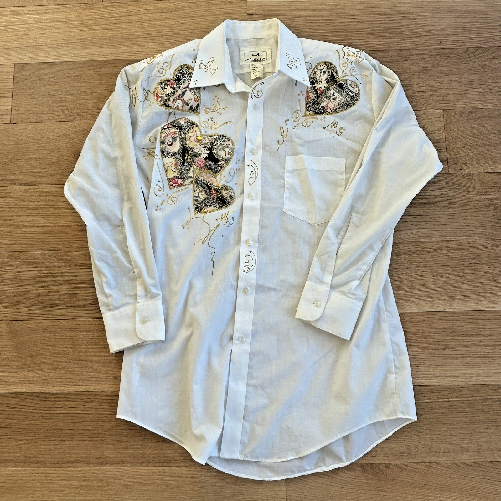 Vintage 80s L.A. Artworks Shirt Long Sleeve Button Up Puffy Paint Cupid Hearts M
