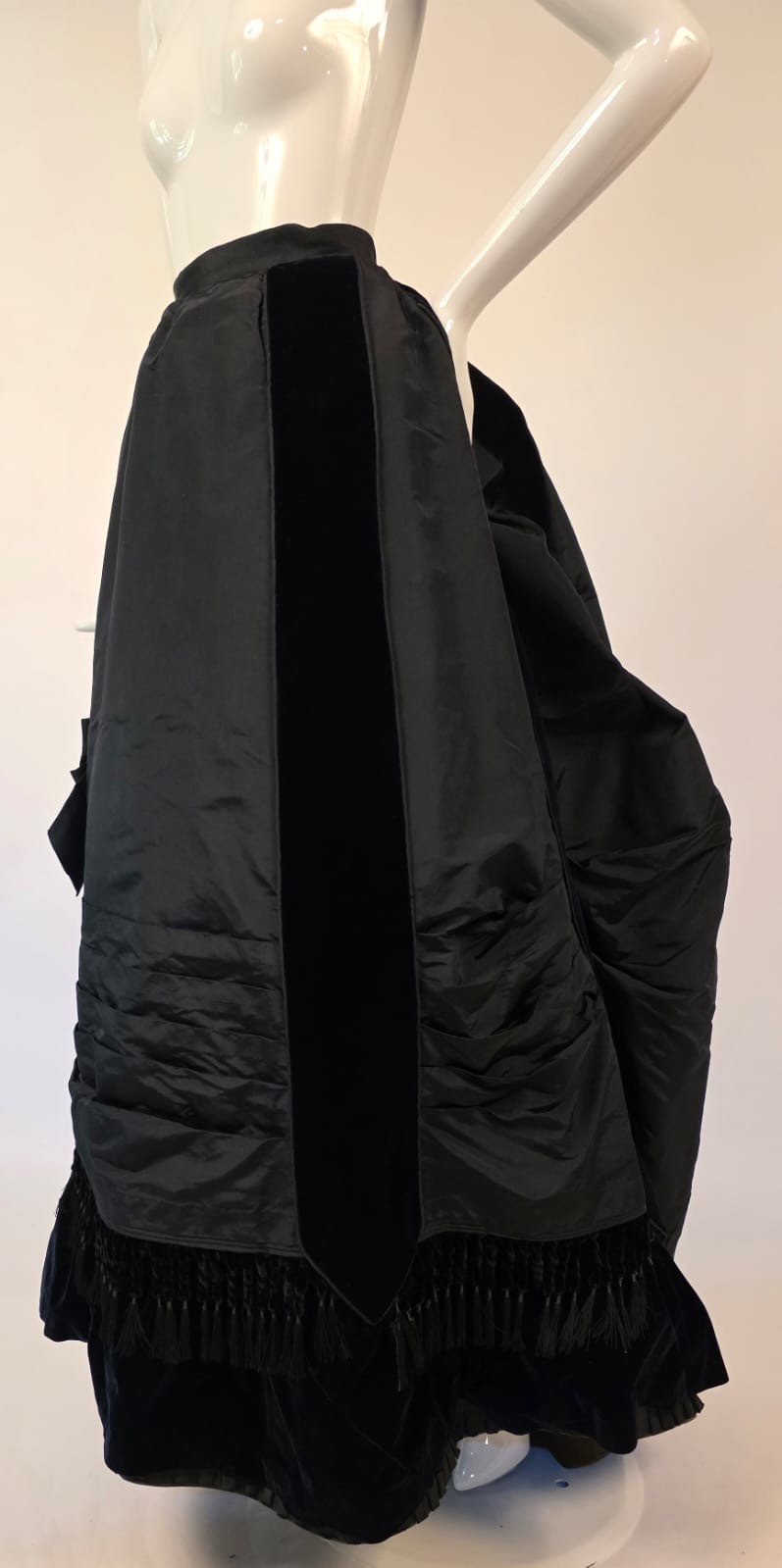 VICTORIAN 1870’S BLACK SILK RECEPTION GOWN SKIRT W SILK VELVET TRIM + TRAIN