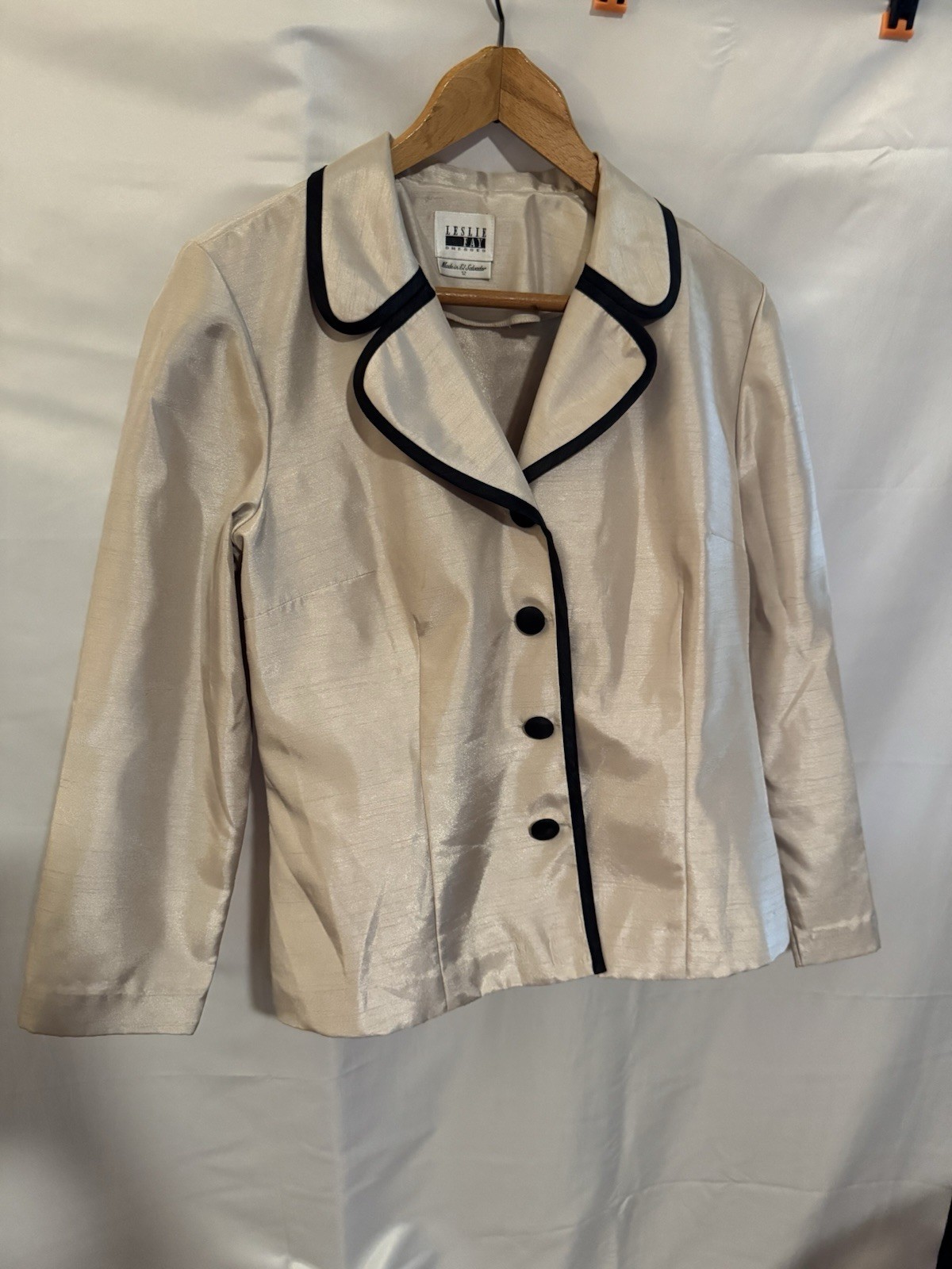 VTG Leslie Fay Ivory Shantung Look Jacket Black Trim Size 12 Dressy Blazer