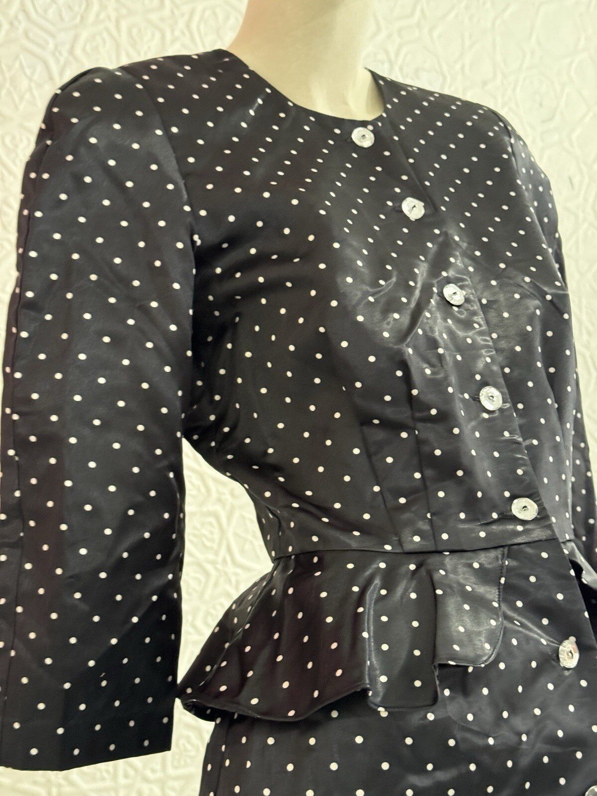 1980s Does 1940s Black satin Peplum Pencil Dress-Polka Dot-Chic-Vintage-Small
