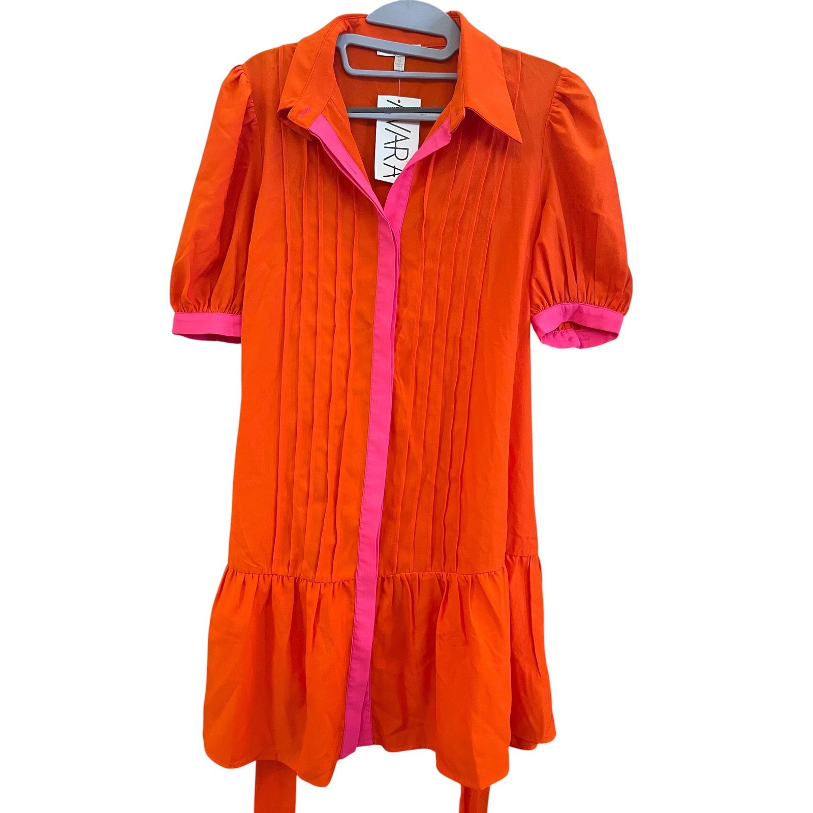 Flying Tomato Orange Pink Danica Pintuck Puff Sleeve Shirt Dress Retro Chic Sm
