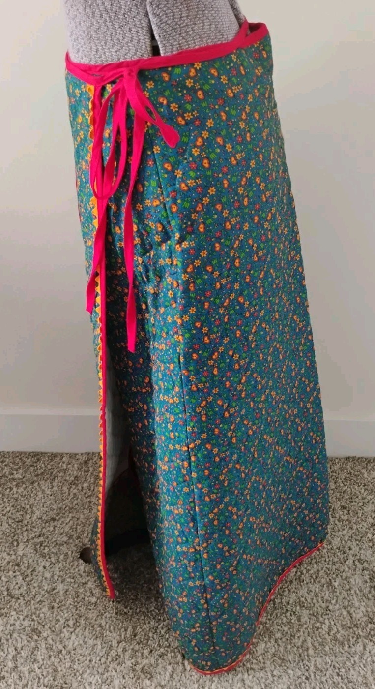 VTG 70s Retro Floral Quilted Maxi Wrap Skirt Flower Power Boho Hippie Lg Pocket