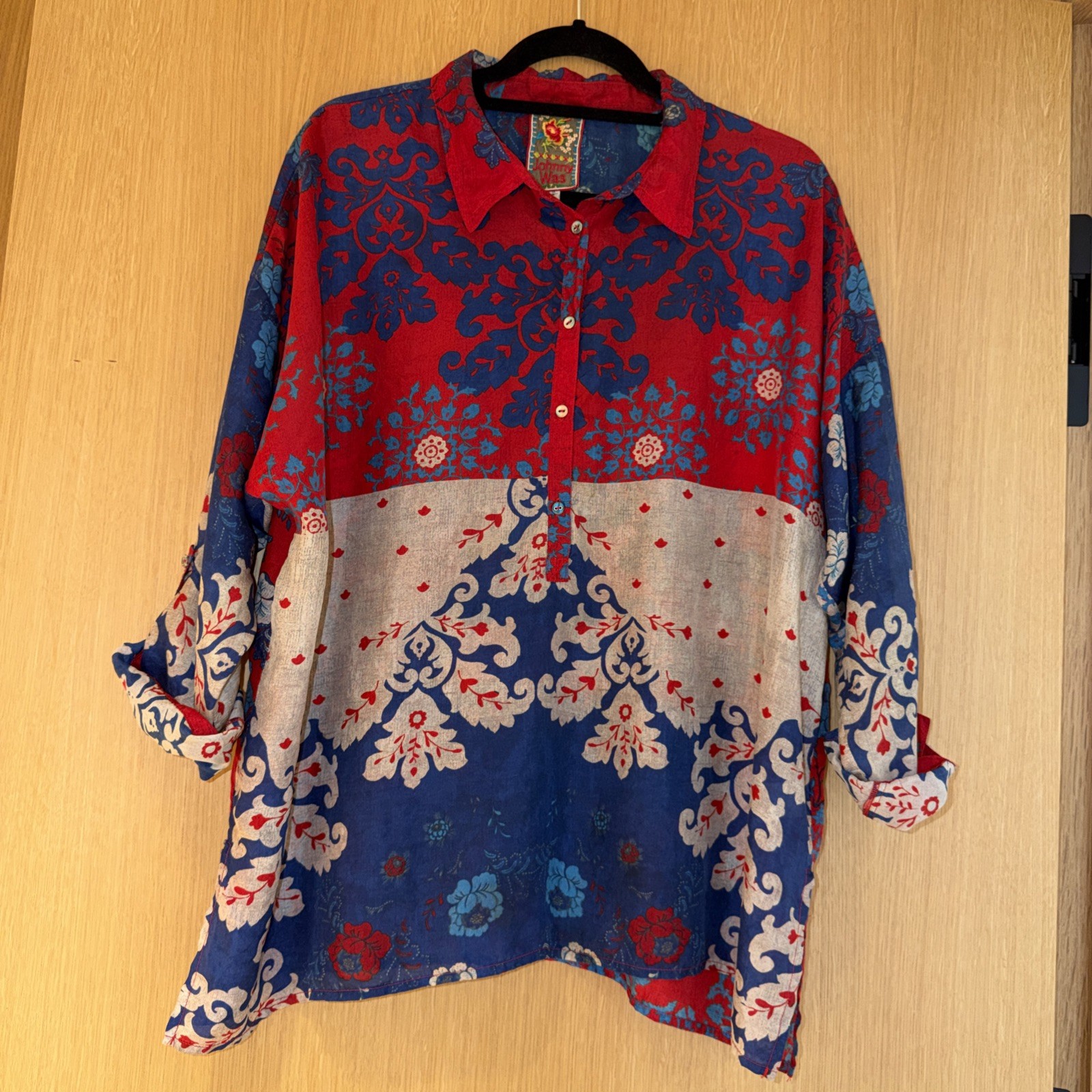Johnny Was Silk Frame Tunic Multicolor Patchwork Boho Blouse oversized S