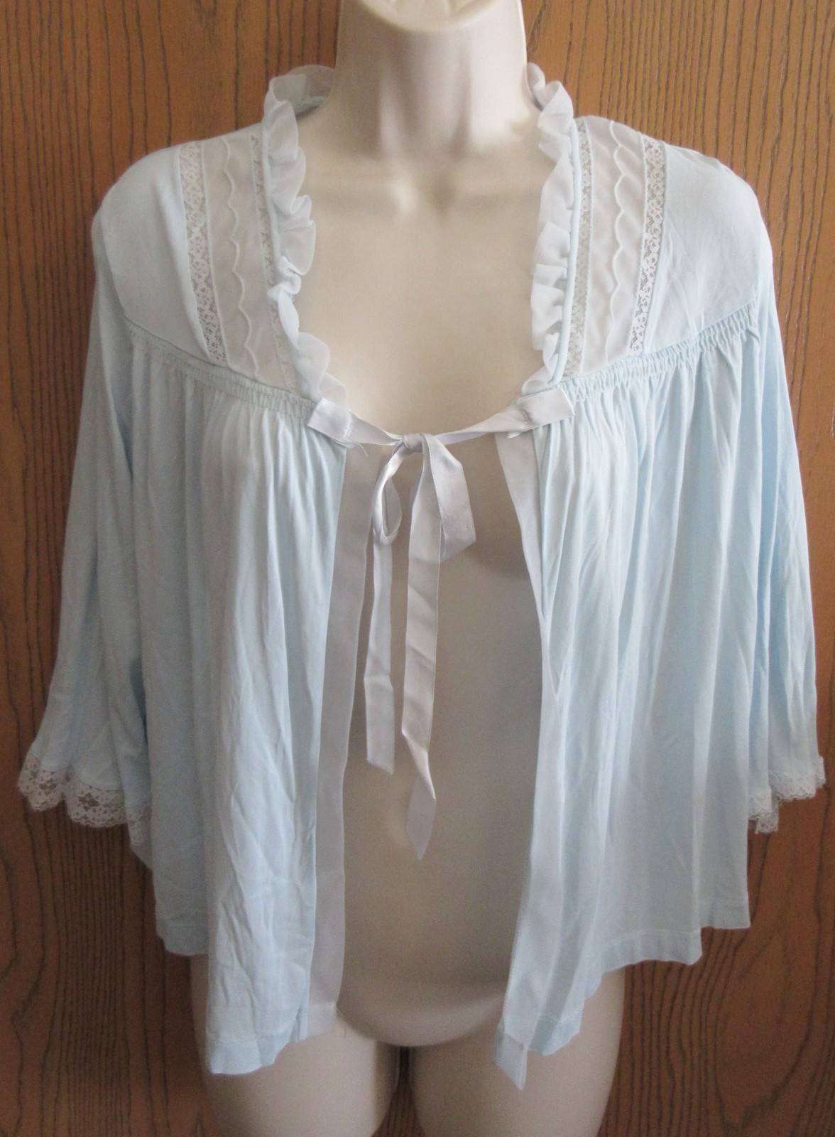 1950&rsquo;s BED JACKET LORRAINE Sheer BLUE nylon LACE overlay size MEDIUM 36/38 USA