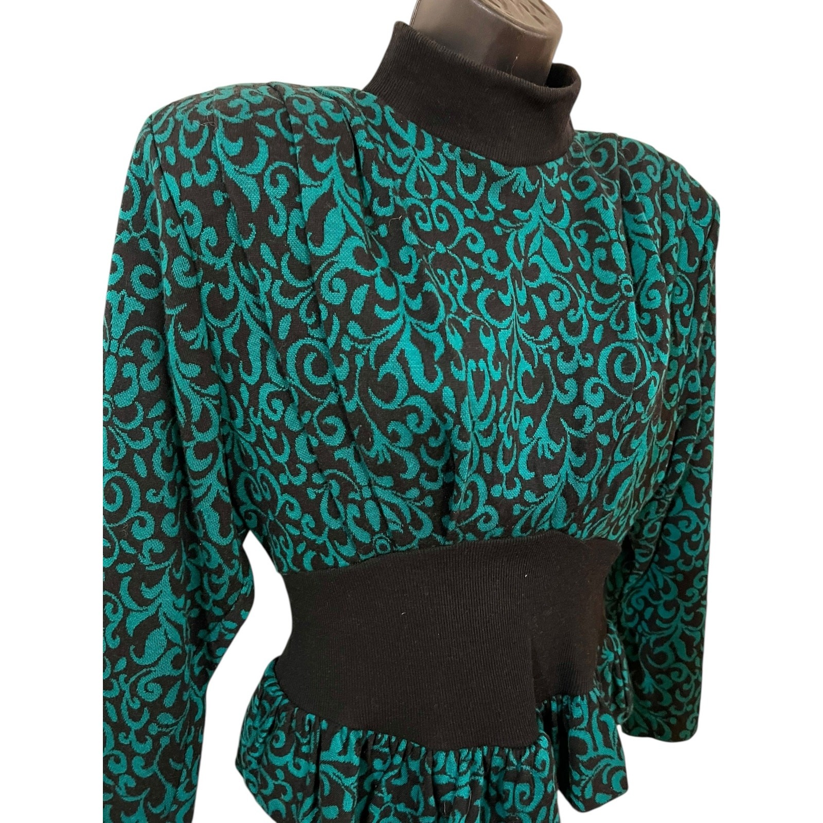 80s All That Jazz Teal Black Damask Peplum Sweater Mock Neck Padded Shoulder M
