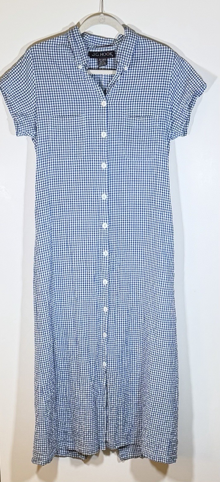Vintage 80s JG Hook blue white gingham seersucker midi dress button 12 preppy