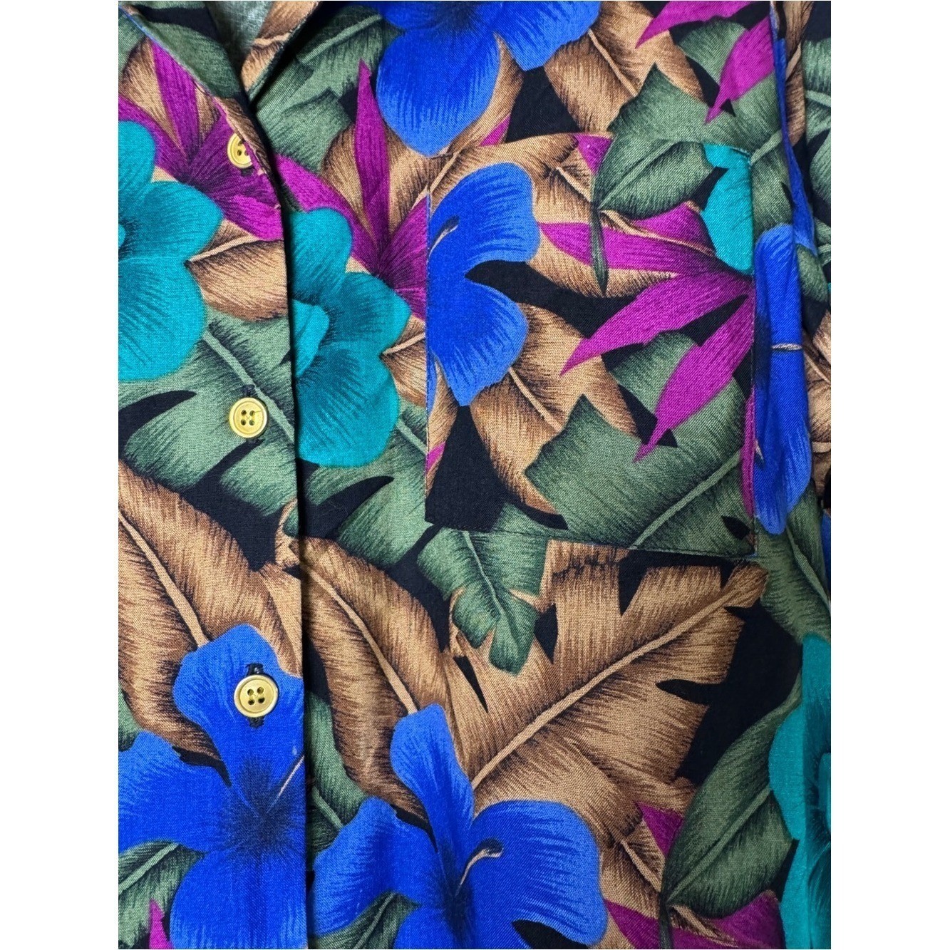 Vintage Leslie Fay Tropical Hawaiian Floral Rayon Button Camp Shirt Women&rsquo;s 18