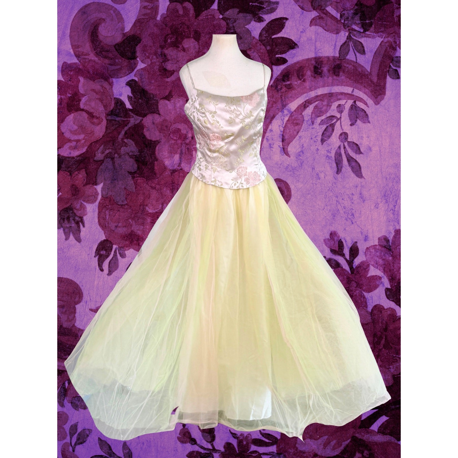 Vintage 70s Dave and Johnny Brocade Corset Tulle Green Pink Tulle Gown 13/14