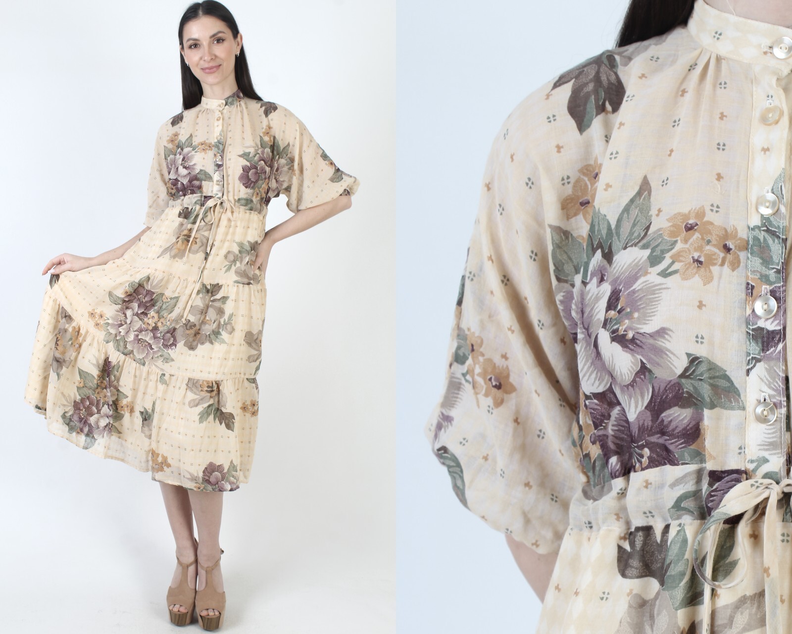 Vtg Wildflower Garden Floral Dress Baggy Puff Slv Batwing Summer Midi Length M